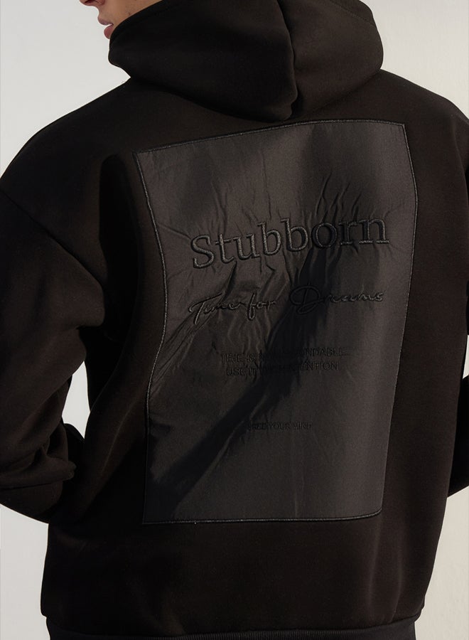 trendyol Premium Black Oversize/Wide Cut Embroidered Fleece Hooded Sweatshirt - Image 4