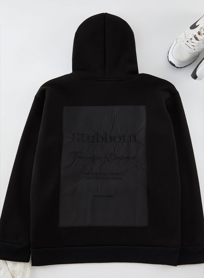trendyol Premium Black Oversize/Wide Cut Embroidered Fleece Hooded Sweatshirt - Image 5