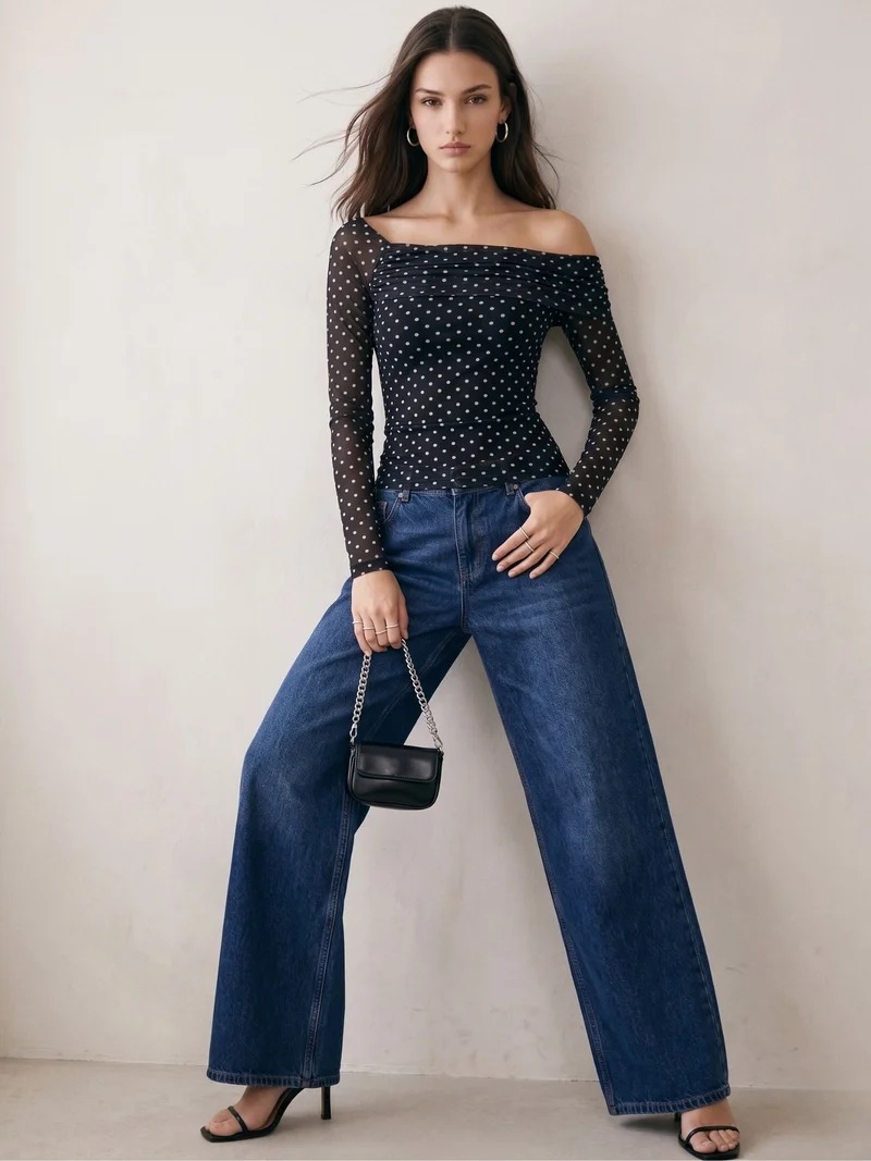 Outzidr  Black Polka Dot Assymetrical Off-Shoulder Top for Women | Best Price UAE