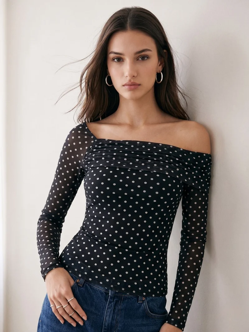 Black Polka Dot Assymetrical Off-Shoulder Top