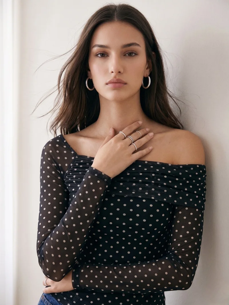 Outzidr  Black Polka Dot Assymetrical Off-Shoulder Top for Women | Best Price UAE