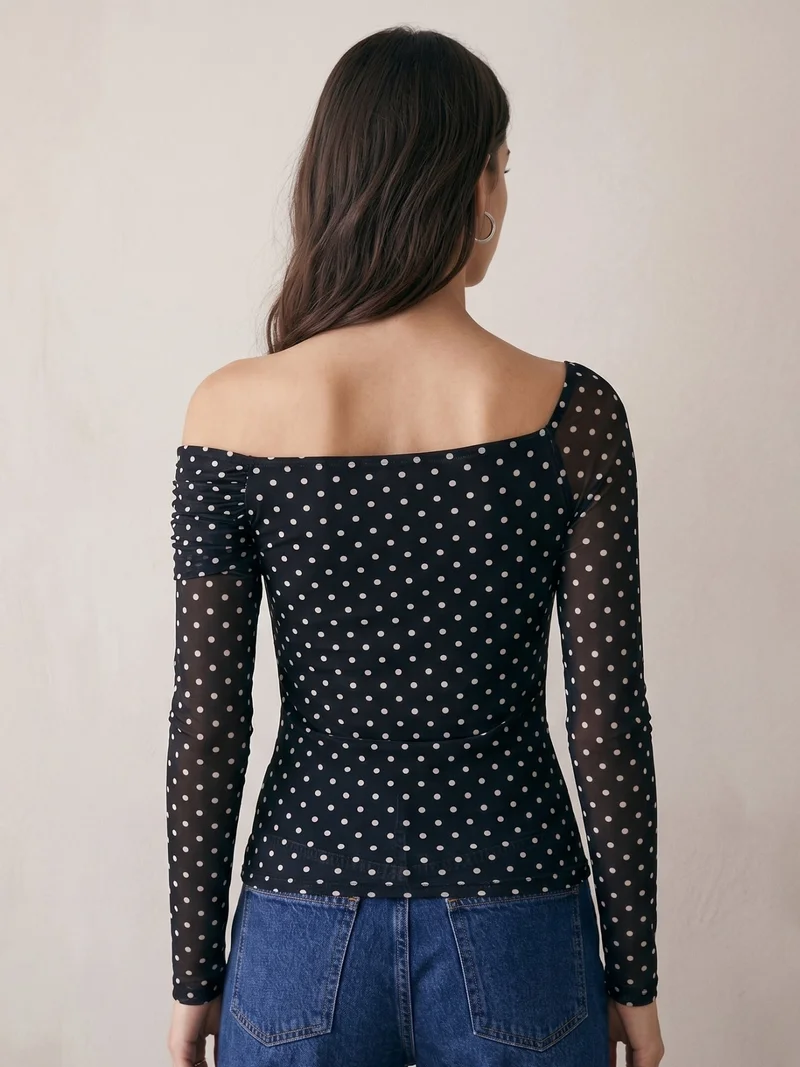 Outzidr  Black Polka Dot Assymetrical Off-Shoulder Top for Women | Best Price UAE