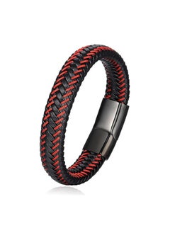 MARIO DRAFTS Men's Braided Leather Bracelet, Black and Red, Magnetic Clasp  - Image 1