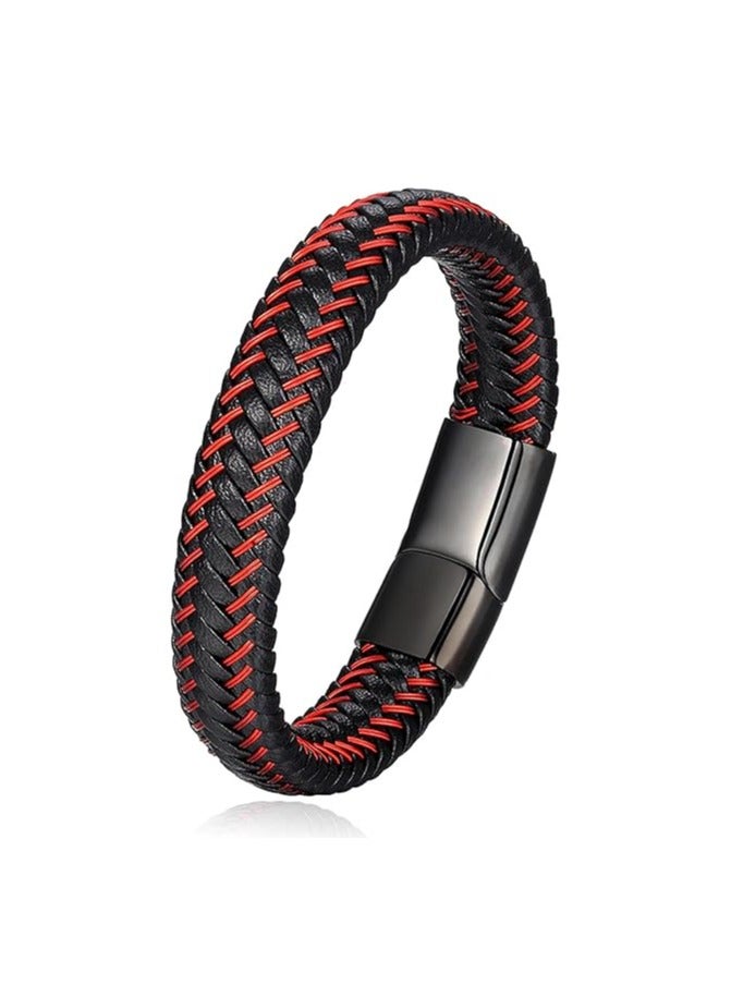 MARIO DRAFTS Men's Braided Leather Bracelet, Black and Red, Magnetic Clasp - Image 1