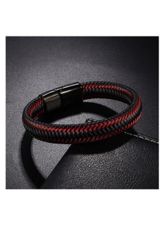MARIO DRAFTS Men's Braided Leather Bracelet, Black and Red, Magnetic Clasp  - Image 2