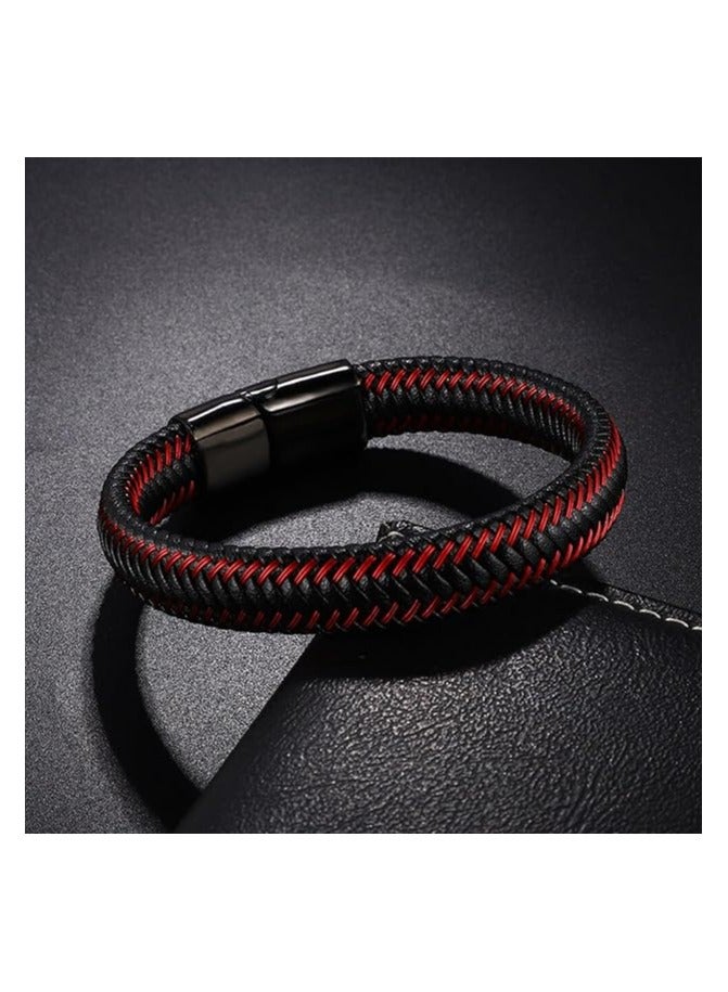 MARIO DRAFTS Men's Braided Leather Bracelet, Black and Red, Magnetic Clasp - Image 2