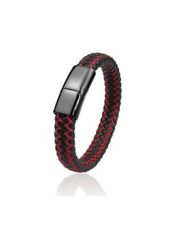 MARIO DRAFTS Men's Braided Leather Bracelet, Black and Red, Magnetic Clasp  - Image 4