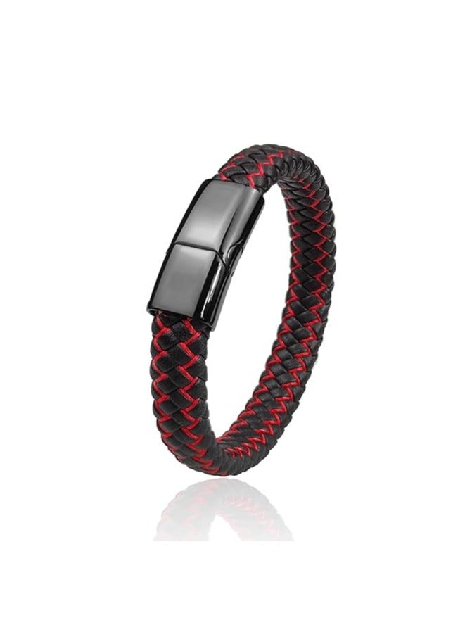 MARIO DRAFTS Men's Braided Leather Bracelet, Black and Red, Magnetic Clasp - Image 4