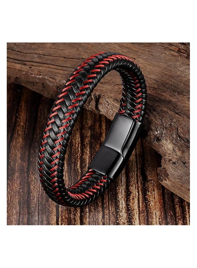 MARIO DRAFTS Men's Braided Leather Bracelet, Black and Red, Magnetic Clasp - Image 5