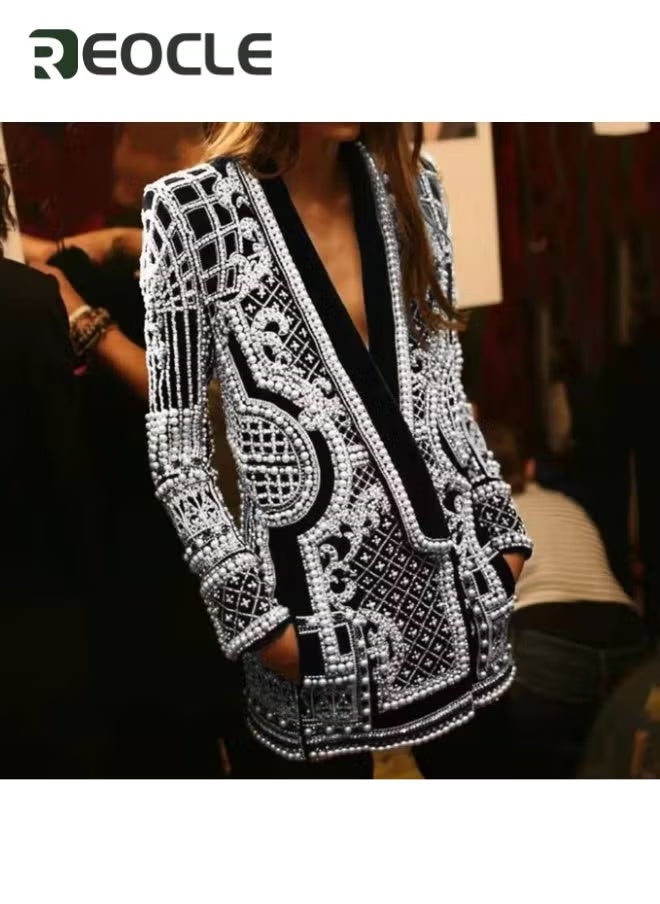 REOCLE Women's Pearl Blazer Dress Deep V Neck Blazer Dress Long Sleeve Printed Blazer Formal Loose Fit Jacket  - Image 5