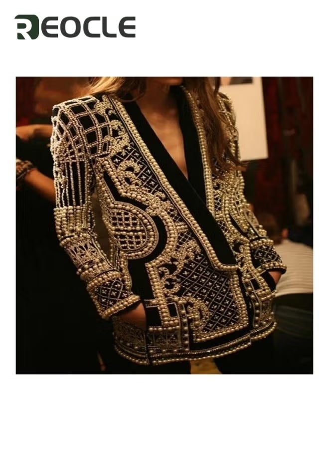 REOCLE Women's Pearl Blazer Dress Deep V Neck Blazer Dress Long Sleeve Printed Blazer Formal Loose Fit Jacket  - Image 1