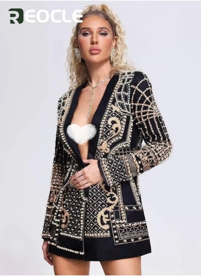 REOCLE Women's Pearl Blazer Dress Deep V Neck Blazer Dress Long Sleeve Printed Blazer Formal Loose Fit Jacket  - Image 3