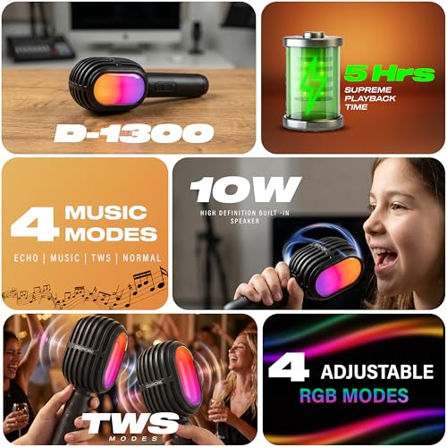 DIGIMORE Wireless Bluetooth Karaoke Microphone with 10W Speaker | Portable Handheld Mic | RGB Lights | Bluetooth 5.3 | Recording Support | Type-C Charge | Ideal for Singing, Parties & Kids (D-1300) - Image 2