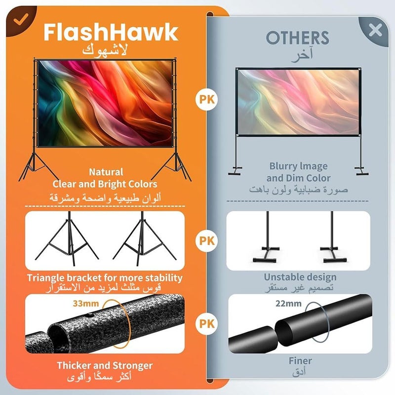 إف إتش شاشة عرض FH Flash Hawk مقاس 150 بوصة بنسبة 16:9، شاشة بروجكتر محمولة للاستخدام الخارجي والداخلي مع حامل ثلاثي القوائم بارتفاع 2.6 متر - Image 4