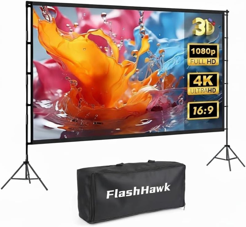 إف إتش شاشة عرض FH Flash Hawk مقاس 150 بوصة بنسبة 16:9، شاشة بروجكتر محمولة للاستخدام الخارجي والداخلي مع حامل ثلاثي القوائم بارتفاع 2.6 متر - Image 1