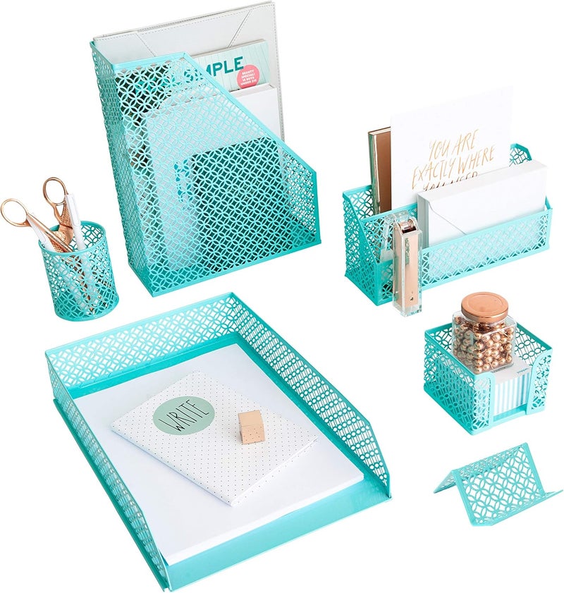Blu Monaco Aqua - Teal 6 Piece Cute Desk Organizer Set - Desk Organizers and Accessories for Women - Cute Office Desk Accessories - Desktop Organization - Image 1
