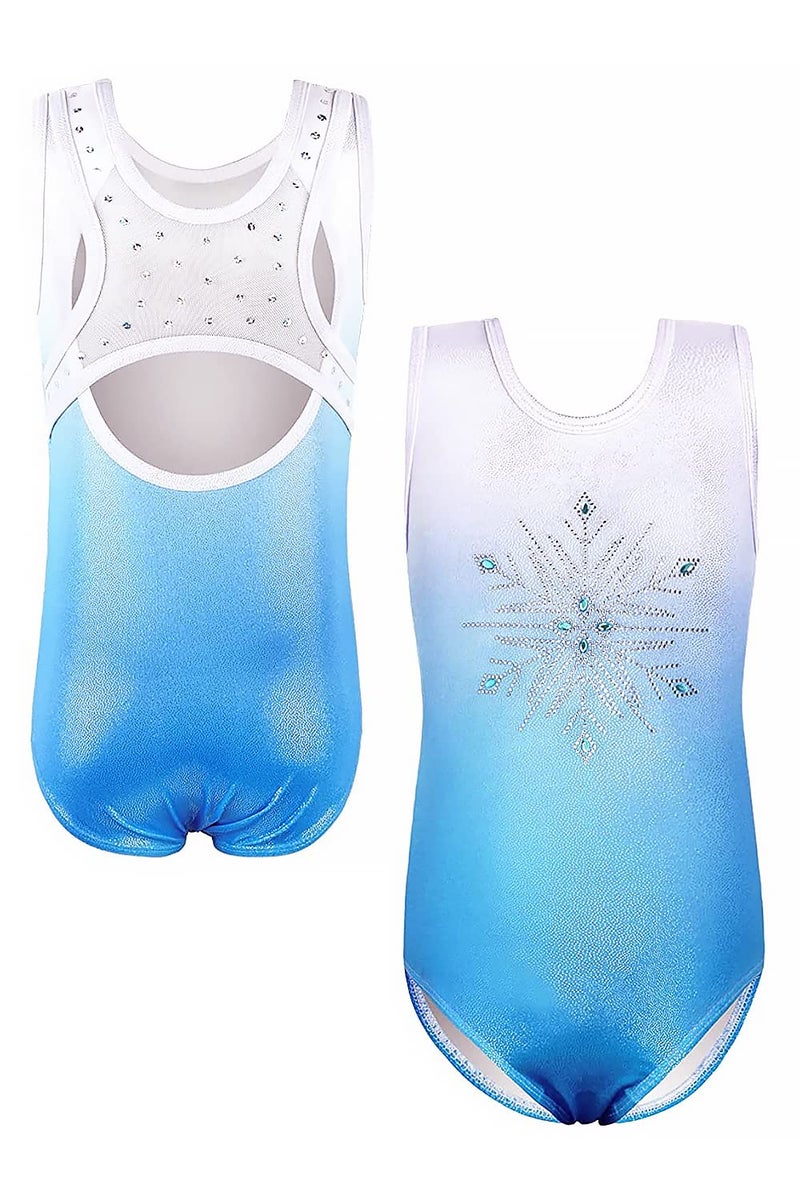 EQSJIU Girls Leotards For Gymnastics Size 6 6-7 7-8 Years Old Snowflake Blue White Gradient Colors Rhinestones Diamond Lace Sparkly - Image 5