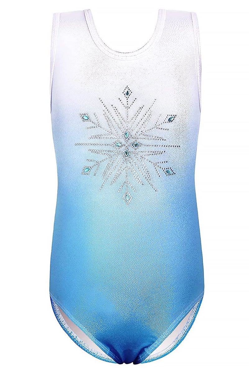 EQSJIU Girls Leotards For Gymnastics Size 6 6-7 7-8 Years Old Snowflake Blue White Gradient Colors Rhinestones Diamond Lace Sparkly - Image 1