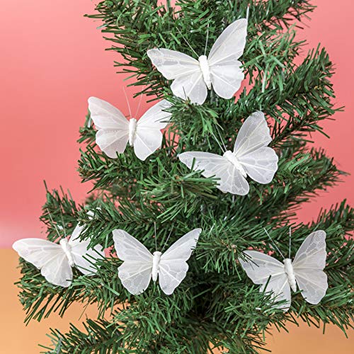 Berfutall- Feather Butterfly Decorations Set of 12 pcs White Craft Butterflies on Wire .Party Spring Home Decor Floral Pics - Image 3