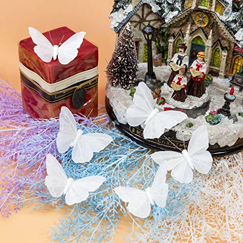 Berfutall- Feather Butterfly Decorations Set of 12 pcs White Craft Butterflies on Wire .Party Spring Home Decor Floral Pics - Image 4
