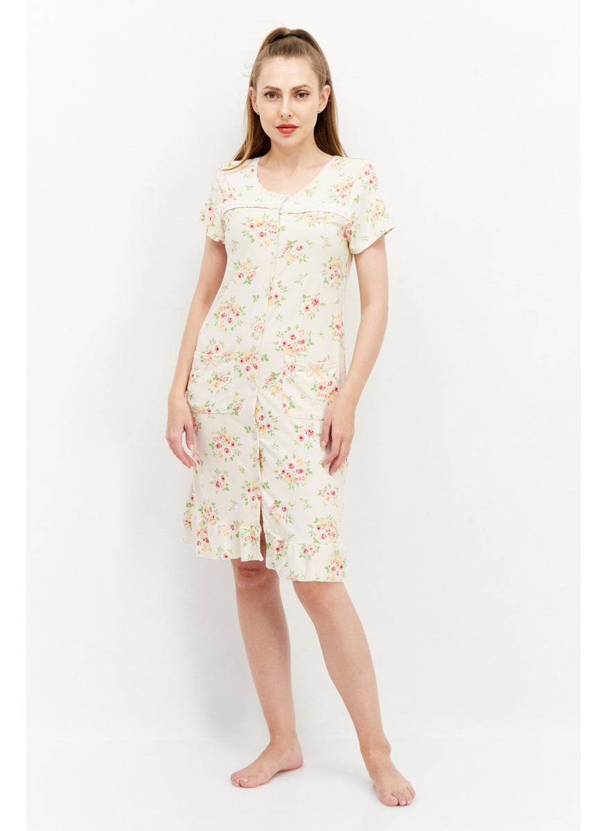 Miss Lillian Women Floral Short Sleeve Slip Dress, Beige Combo  - Image 1