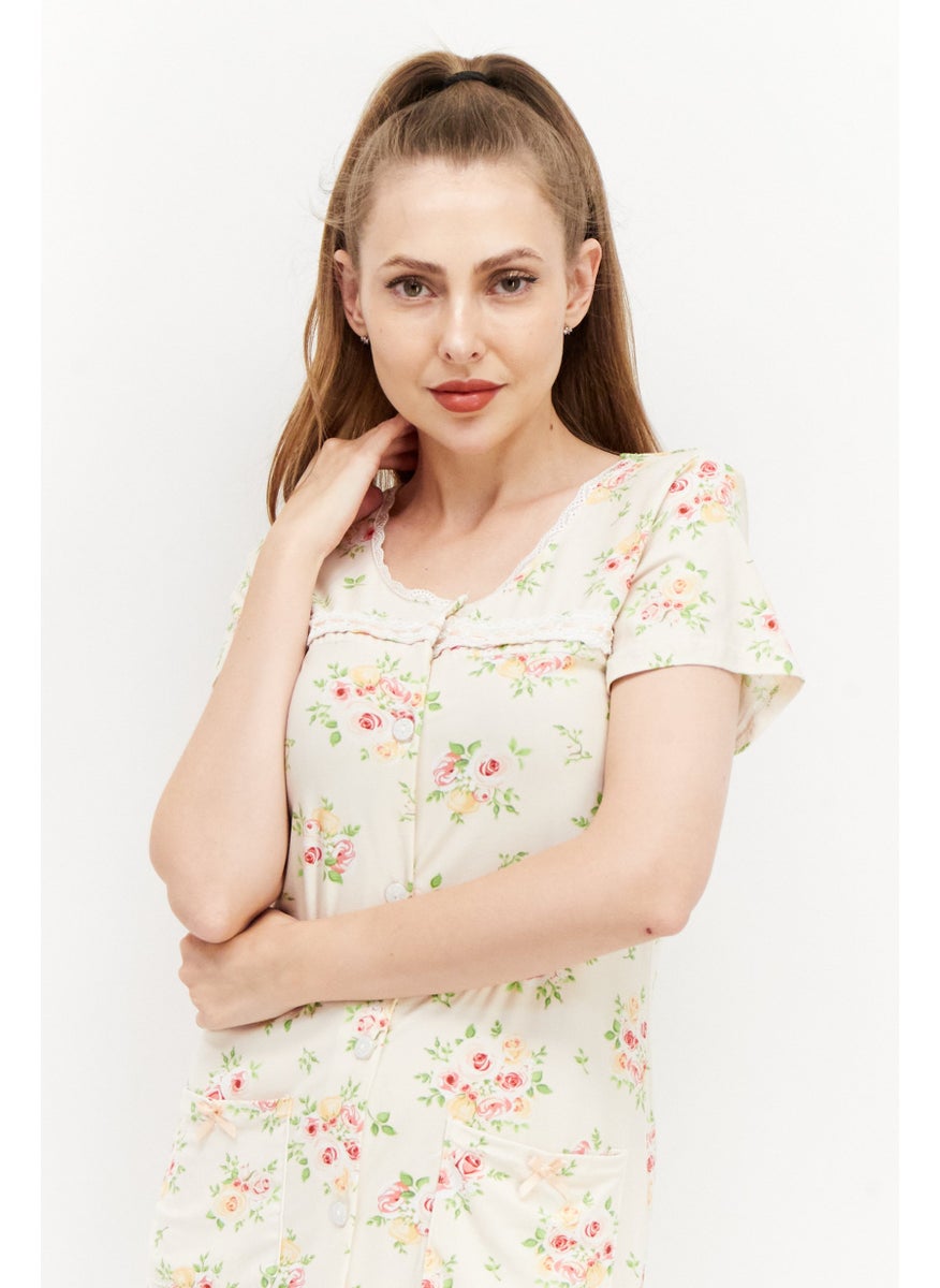 Miss Lillian Women Floral Short Sleeve Slip Dress, Beige Combo  - Image 2