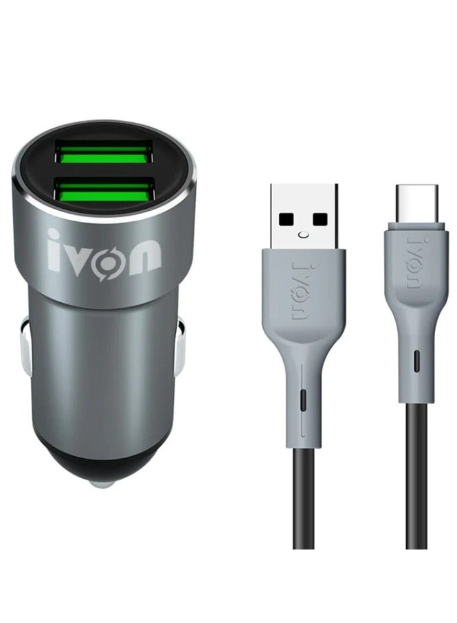 IVON CC38 2.4A Dual USB Car Charger + 1m USB To USB-C / Type-C Fast Charge Data Cable Set - Image 1