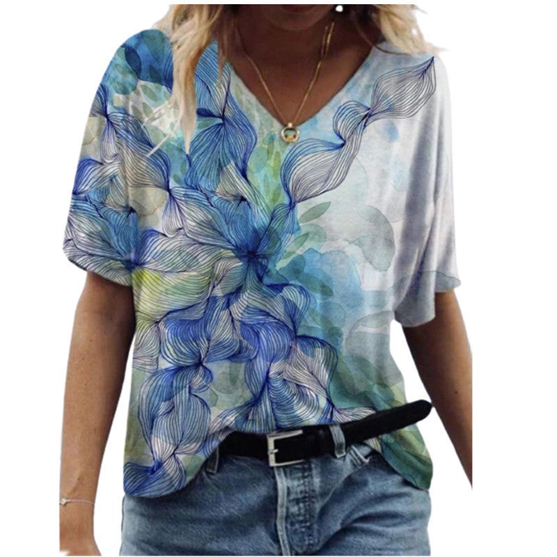 Source Manufacturer Women'S V-Neck Short-Sleeve Top Summer 3D Abstract Print T-Shirt Trendy Sale - Image 4