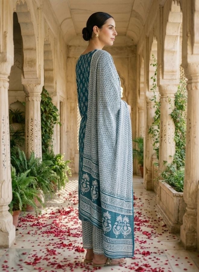 Yuris Women Blue  White Printed Kurta with Trousers  Dupatta - Image 4