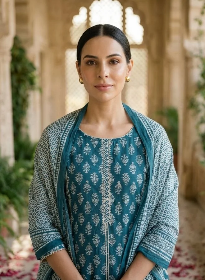 يوريس يوريس طقم كورتا نسائي أزرق وأبيض مطبوع مع بنطلون ودوباتا