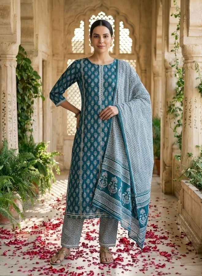 Yuris Women Blue  White Printed Kurta with Trousers  Dupatta - Image 1