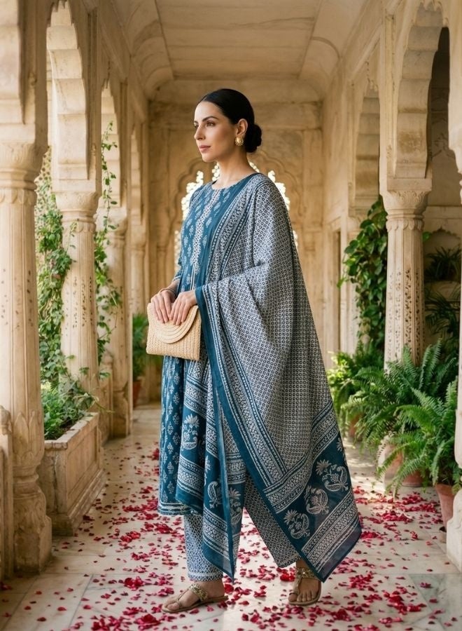 Yuris Women Blue  White Printed Kurta with Trousers  Dupatta - Image 3