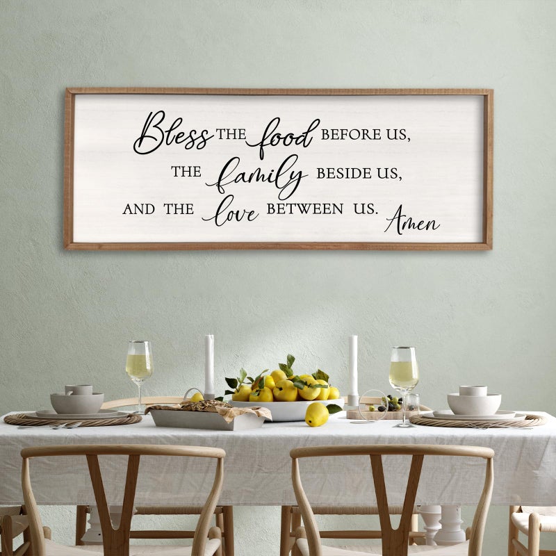 Surfapans Bless the Food Before Us Wall Decor, 32"X12" Farmhouse Dining Room Family Kitchen Sign, Christian Bible Verse Scripture Vintage Home Framed Wood Wall Art (Wood White) - Image 1