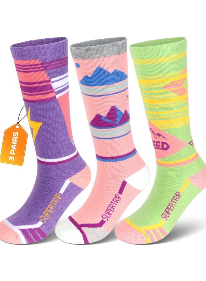 Supertrip 3 Pairs Kids Ski Socks Merino Wool Socks Boys Girls Youth Thick Thermal Winter Cozy Socks for Skiing Snowboarding, Light Blue/Dark Blue/Green, 8-12 Years - Image 1