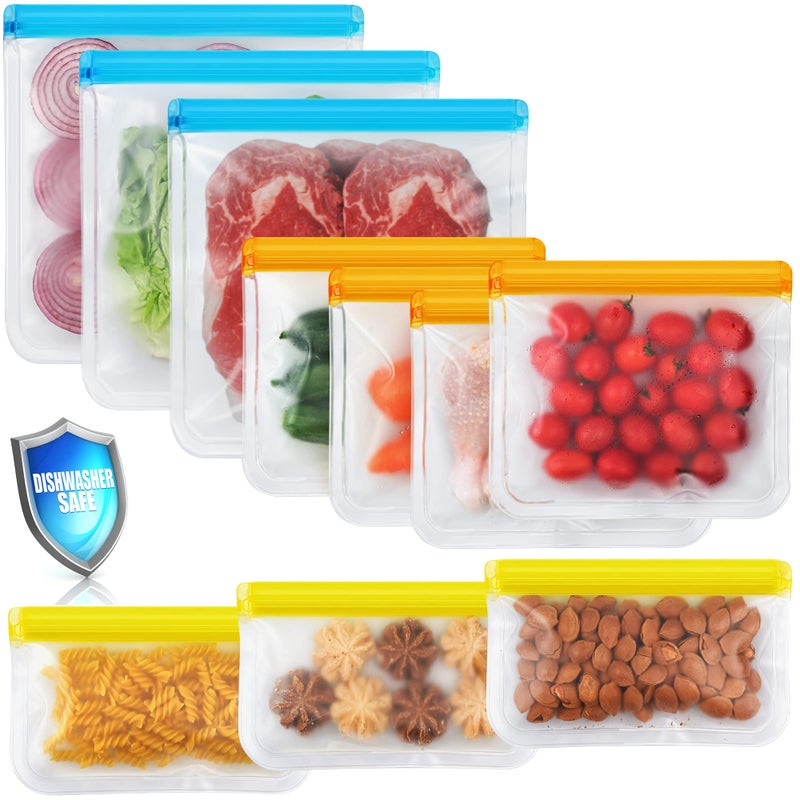 NIKUY 10 Pack Dishwasher Safe Reusable Bags, Leakproof Reusable Freezer Bags, BPA Free Food Storage Bags for Lunch Marinate Food Travel - 3 Gallon 3 Snack 4 Sandwich Bags - Image 1