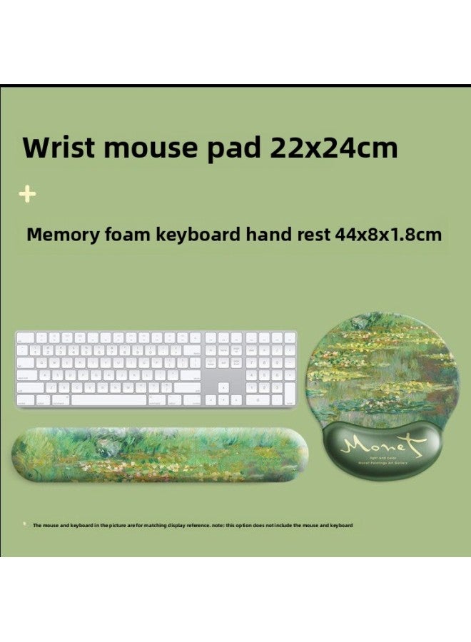 Artistic Lotus Lotus Wrist Mouse Pad National Style Artistic Elegant Simple Notebook Keyboard Holster Office Wrist Holster-Color:Milk Silk + Memory Foam + Rubber Bottom-Pattern:Dark Green Water Lily [mouse Pad + Keyboard Tray]  - Image 1