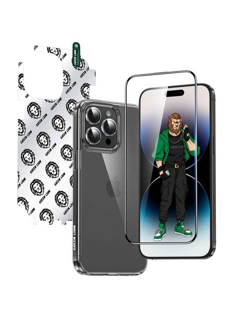 GREEN LION 4 In 1 Defender Pack for iPhone 16 Pro / Anti-Shock Case / Crystal Clear / 360°Comprehensive Protection / Anti-Yellowing / Nano HD Full Protection / High Quality / Camera Lens Film / HD Anti-Reflection / Maximum Protection / Anti Fingerprint & Scratch / 3D Pet HD Glass / Durable / HD Clarity / Anti-Broken Edges - Black  - Image 1