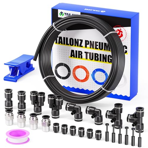 TAILONZ PNEUMATIC Black 14 Inch OD 10 Meter 328ft PU Polyurethane Air Tubing Kit Pipe Hose Air Line Tubing Air Hose Fittings Push to Connect Fittings27PCS - Image 1
