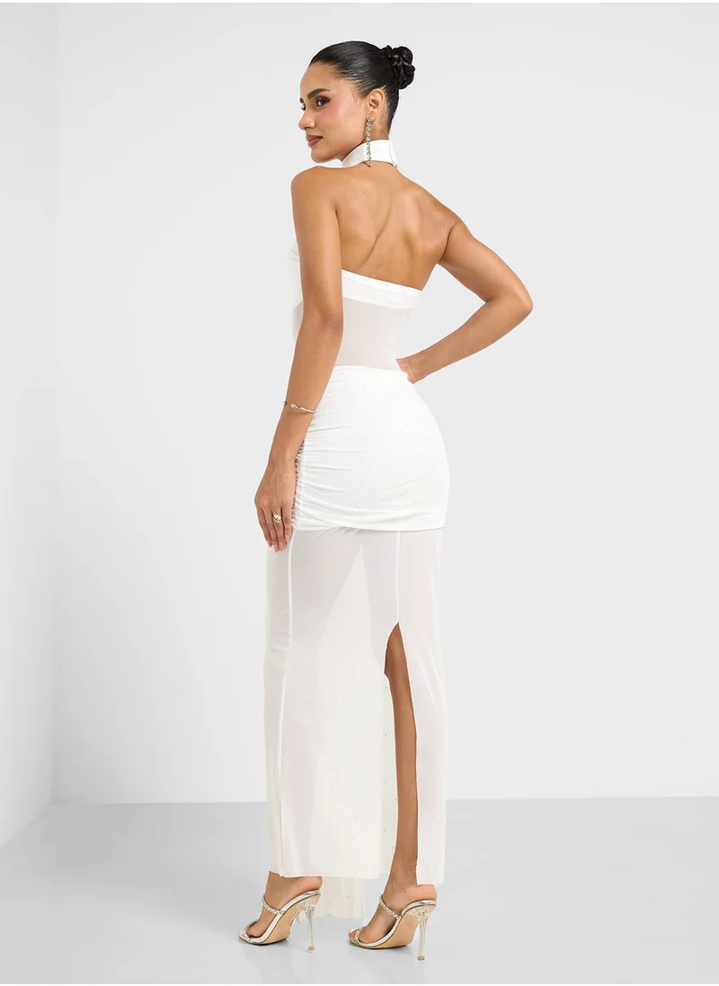 جينجر Bardot Mesh Detail Draped Beac Dress