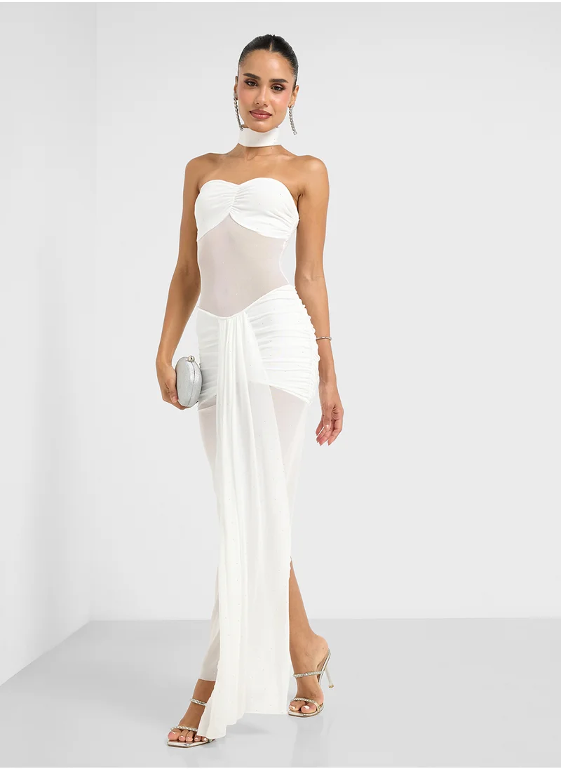 جينجر Bardot Mesh Detail Draped Beac Dress