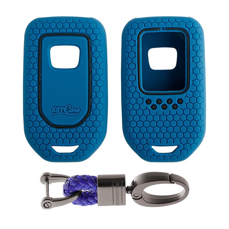 KCARE Keycare Silicone Key Cover & Keychain Compatible for Honda City, Civic, Amaze, Elevate, WR-V, Accord, BR-V, CR-V, Mobilio, Jazz, Brio Smart Key (Blue +Alloy Key Holder Blue) - Image 1