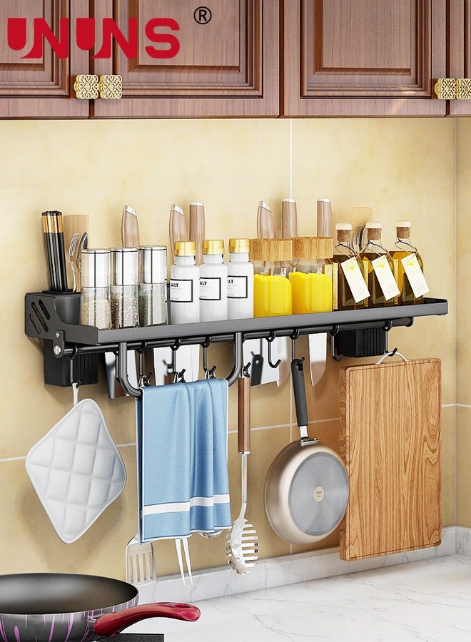 UNUNS رف سكاكين المطبخ المغناطيسي، حامل سكاكين مثبت على الحائط، رف جدار المطبخ، منظم ملاعق عالي التحمل، حامل أدوات مائدة مع 6 خطافات ورف مناشف، حامل أدوات المطبخ، حامل أدوات متعدد الأغراض - Image 1