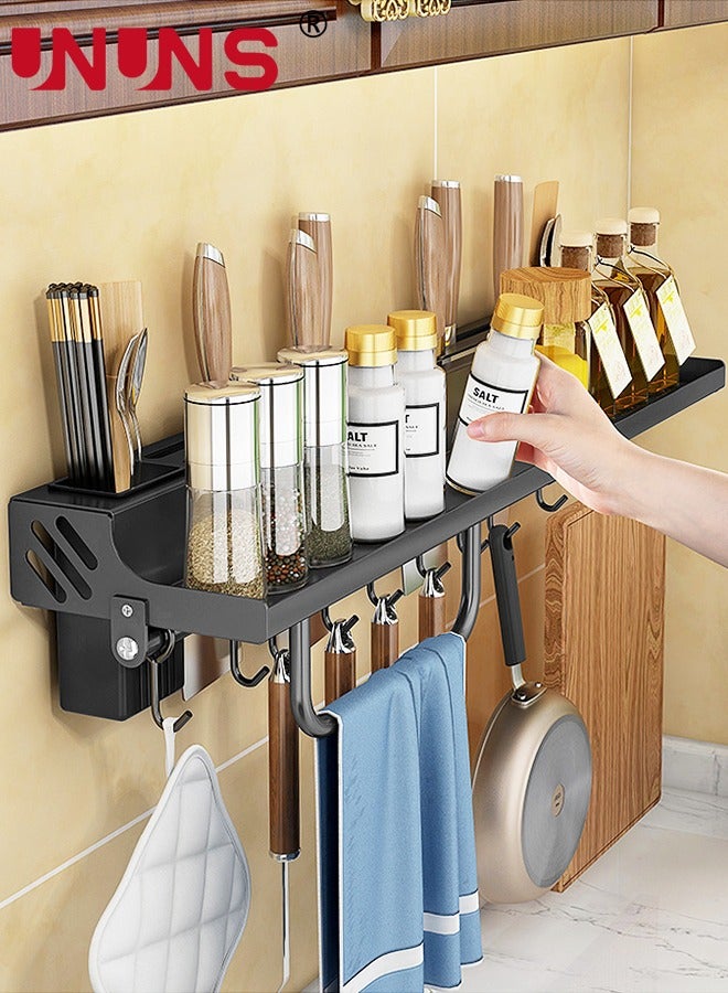 UNUNS رف سكاكين المطبخ المغناطيسي، حامل سكاكين مثبت على الحائط، رف جدار المطبخ، منظم ملاعق عالي التحمل، حامل أدوات مائدة مع 6 خطافات ورف مناشف، حامل أدوات المطبخ، حامل أدوات متعدد الأغراض - Image 5