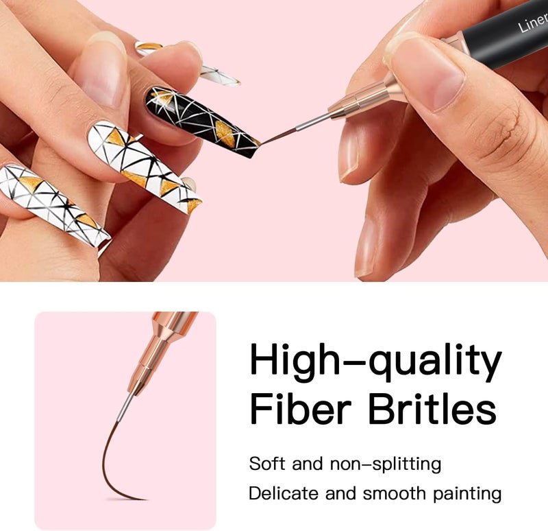 Komall Metallic Nail Art Brushes, 5Pcs Liner Brush Set, UV Gel Polish Painting Art Design Pen for Long Lines, Thin Details, Fine Drawing Sizes 4/8/12/20/25mm(Black) - Image 3