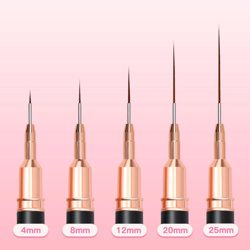 Komall Metallic Nail Art Brushes, 5Pcs Liner Brush Set, UV Gel Polish Painting Art Design Pen for Long Lines, Thin Details, Fine Drawing Sizes 4/8/12/20/25mm(Black) - Image 4