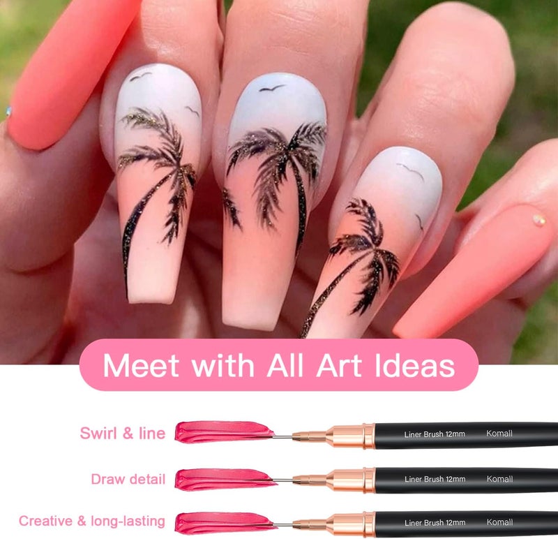 Komall Metallic Nail Art Brushes, 5Pcs Liner Brush Set, UV Gel Polish Painting Art Design Pen for Long Lines, Thin Details, Fine Drawing Sizes 4/8/12/20/25mm(Black) - Image 2