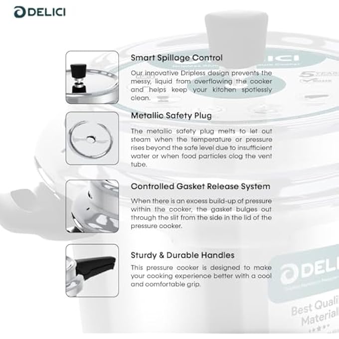 DELICI Dripless 7 Litre Pressure Cooker Adpc7E  5 Year Warranty  Virgin Aluminium Build  Specially Designed Handle  Food Grade Rubber Gasket  Gasket Release System  Quality Pressure Regulator - Image 5