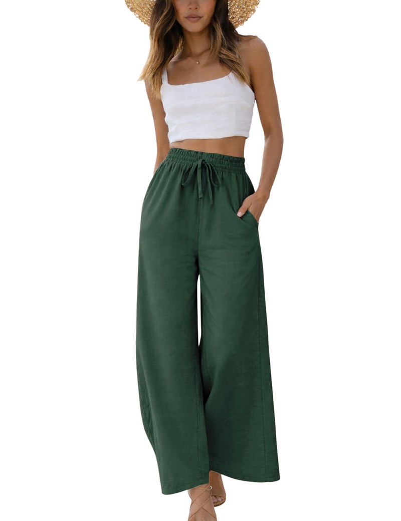Yeokou Women Linen Cotton Wide Leg Pants Drawstring Elastic High Waist Casual Palazzo Trousers with Deep Pockets (Green-M) - Image 1