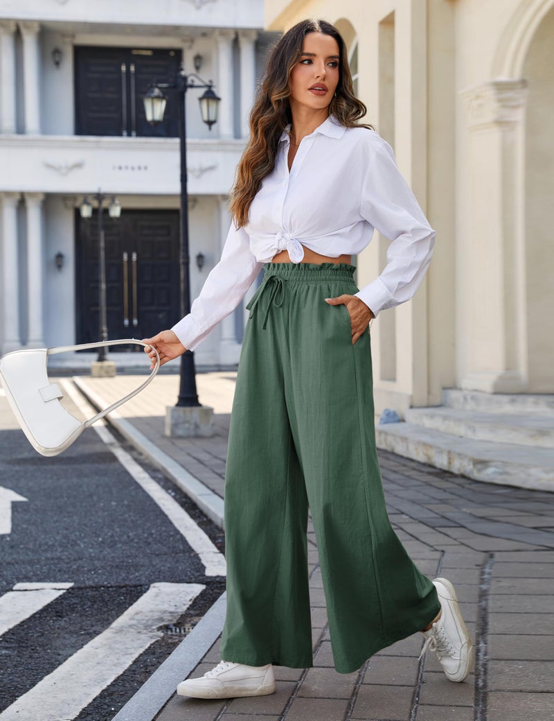 Yeokou Women Linen Cotton Wide Leg Pants Drawstring Elastic High Waist Casual Palazzo Trousers with Deep Pockets (Green-M) - Image 5