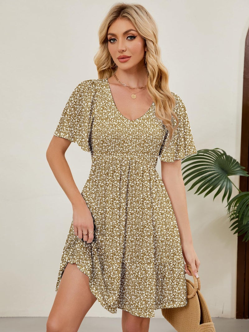 UEAL Summer Dresses for Women 2026 Flutter Short Sleeve Swing Skater Dress for Women Medium Khaki Floral A - Image 3